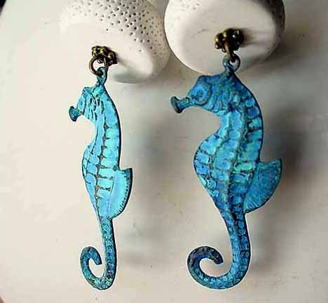 Seahorse Earrings Patina Turquoise Ocean Blue with White "Coral" Dangles Sea Nautical Gift Box