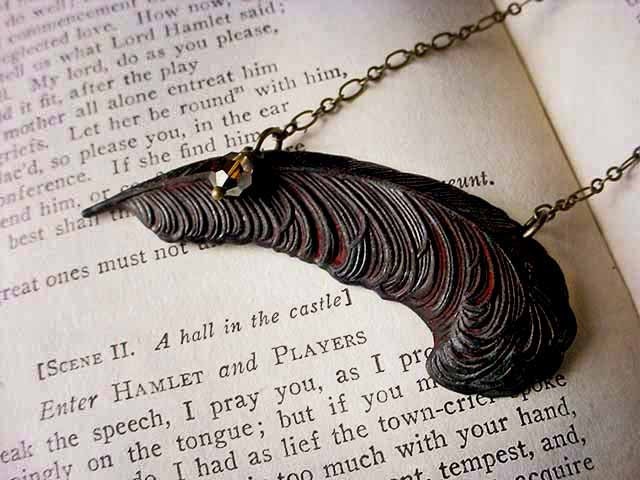 Black Quill Necklace Patinaed Feather Rusted Iron Blackened Victorian Gothic Romantic Gift Box