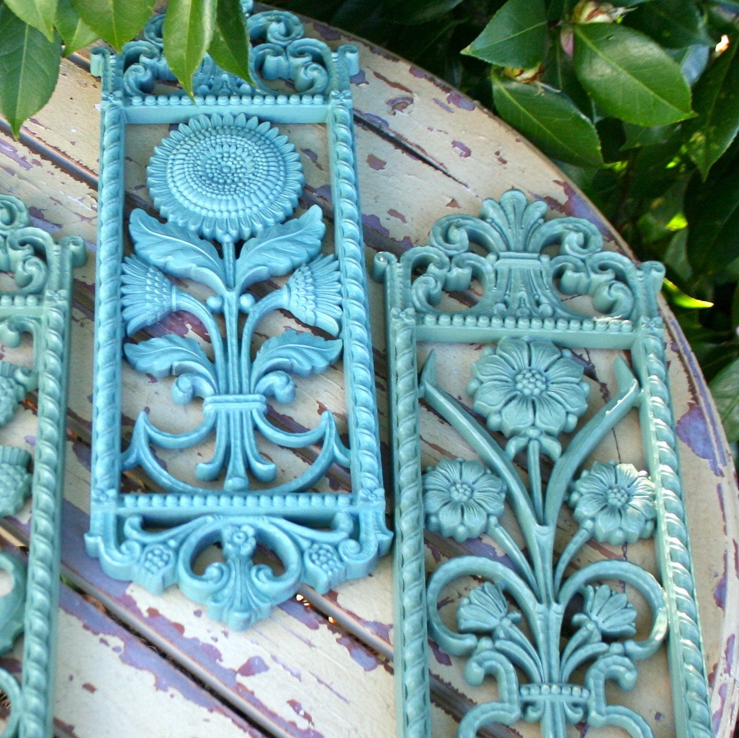 Vintage Floral Wall Sculptures  Aqua Blue & Jade Green Carved 1975 Homco Wall Art
