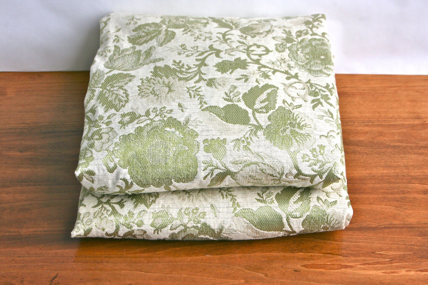 Vintage Moss Green Embroidered Floral Draperies - Pair Fully Lined Vintage Curtains by Sears, Roebuck
