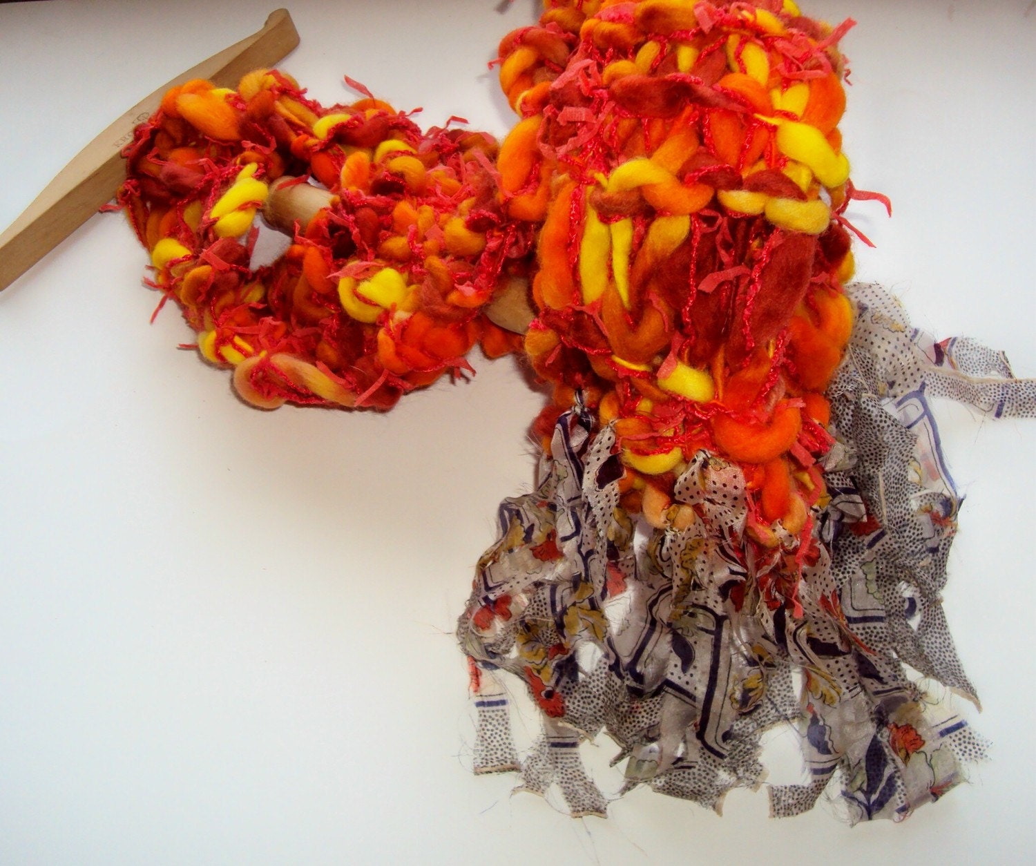 Fire and Ice fantastic funky hot orange skinny scarf made from art yarn