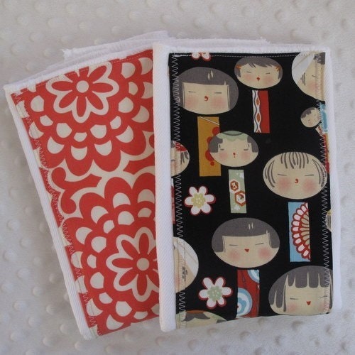 Burp Cloth Set of 2 in Alexander Henry Black Yui Kokeshi and Amy Butler Cherry Wallflower SEE SHOP ANNC. FOR FREE SHIPPING OFFER
