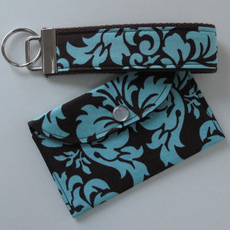 Mini Wallet and Key Fob Set in Michael Miller Spa Dandy Damask and brown (see shop annc. for free shipping offer)