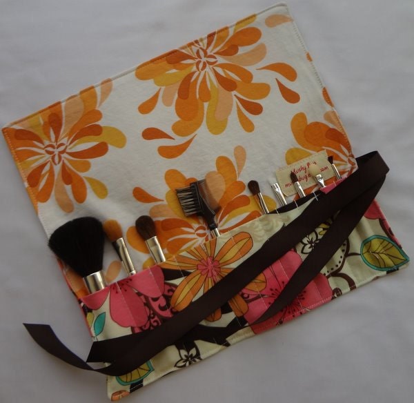 Makeup Brush Roll in Cream Floral Charm with Autumn Petal Party - Large Size (see shop annc. for free shipping offer)
