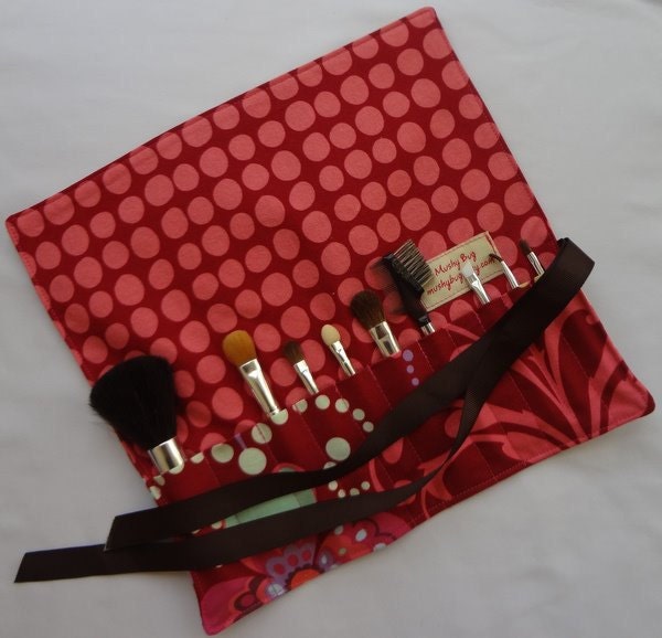 Makeup Brush Roll in Amy Butler Wine Paradise Garden and Sun Spots - Large Size (see shop annc. for free shipping offer)