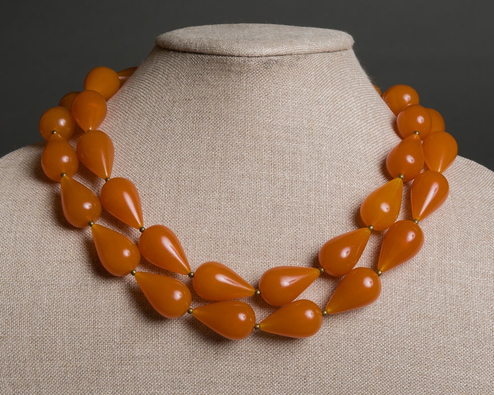 Amber Orange Necklace with Vintage Lucite and Brass under 100 - Koi