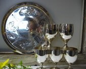 REDUCED 50% - Vintage Etched Silver Plate Tray with Mini Dessert Wine Goblets