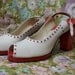 Red patent, and white leather platform peep toe slingbacks. 9 1/2 S (NARROW) Saks Fifth Ave.