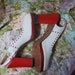Red patent, and white leather platform peep toe slingbacks. 9 1/2 S (NARROW) Saks Fifth Ave.
