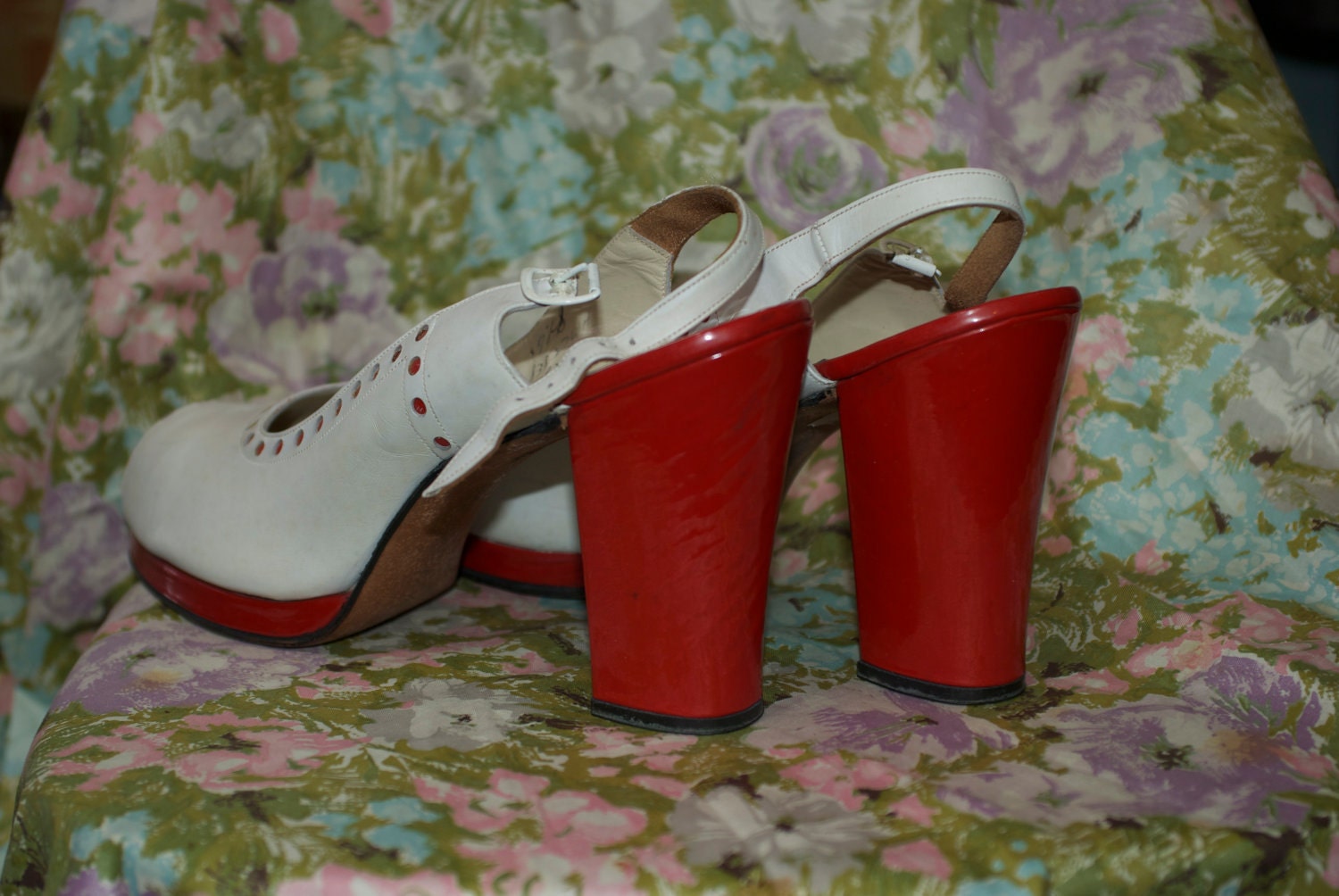 Red patent, and white leather platform peep toe slingbacks. 9 1/2 S (NARROW) Saks Fifth Ave.