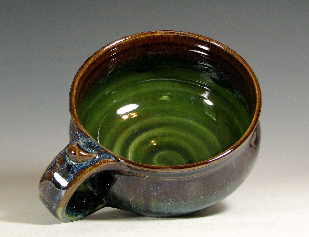 Soup mug ceramic, handled bowl, cappuccino chili onion soup crock, glazed in green brown, handmade stoneware by hughes pottery