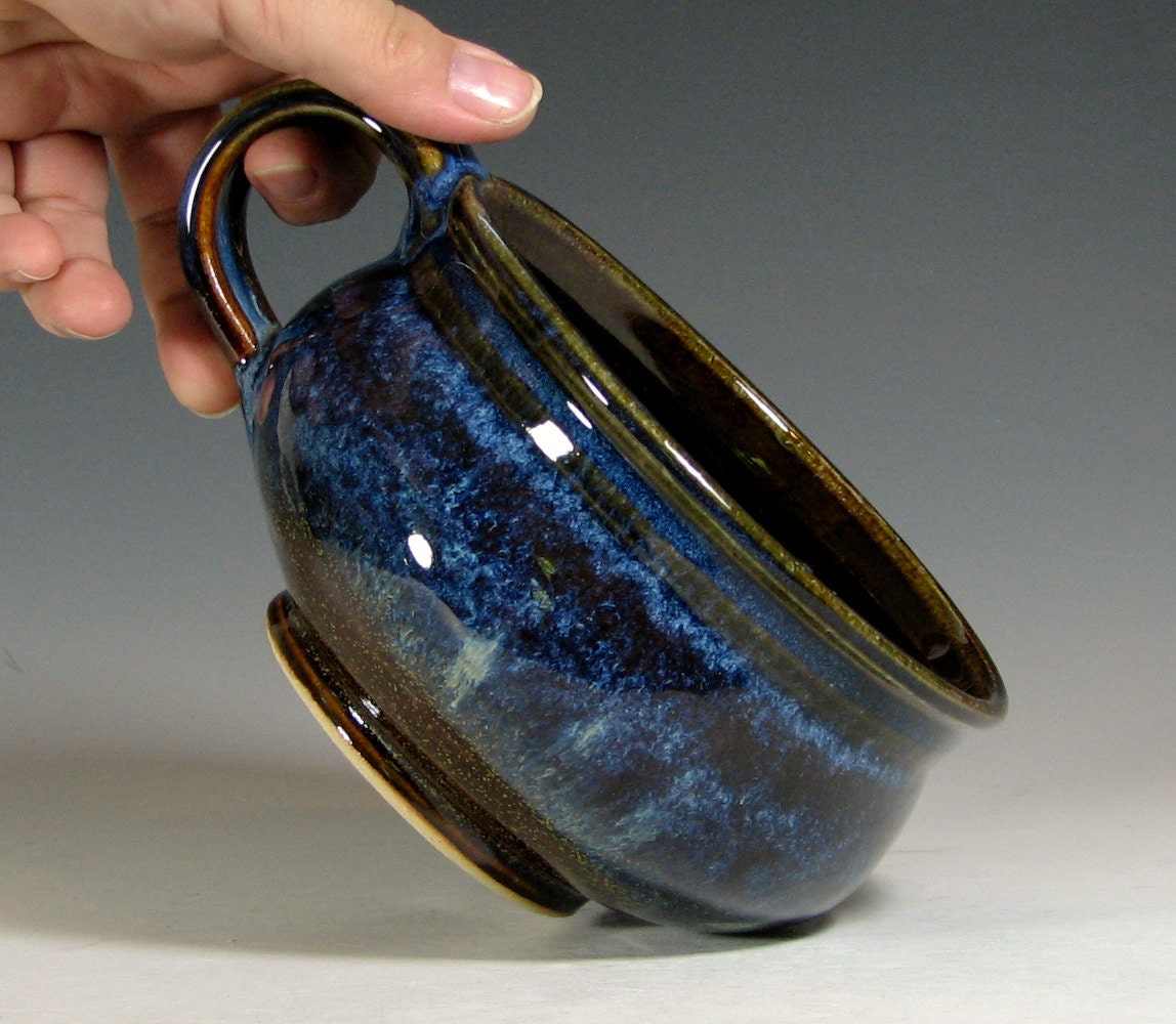 Soup bowl, hand made ceramic, cappuccino mug, chili onion soup crock, glazed in brown blue, handmade stoneware by hughes pottery