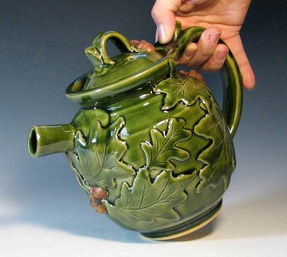 Teapot ceramic holiday serving oak leaf acorn by hughespottery