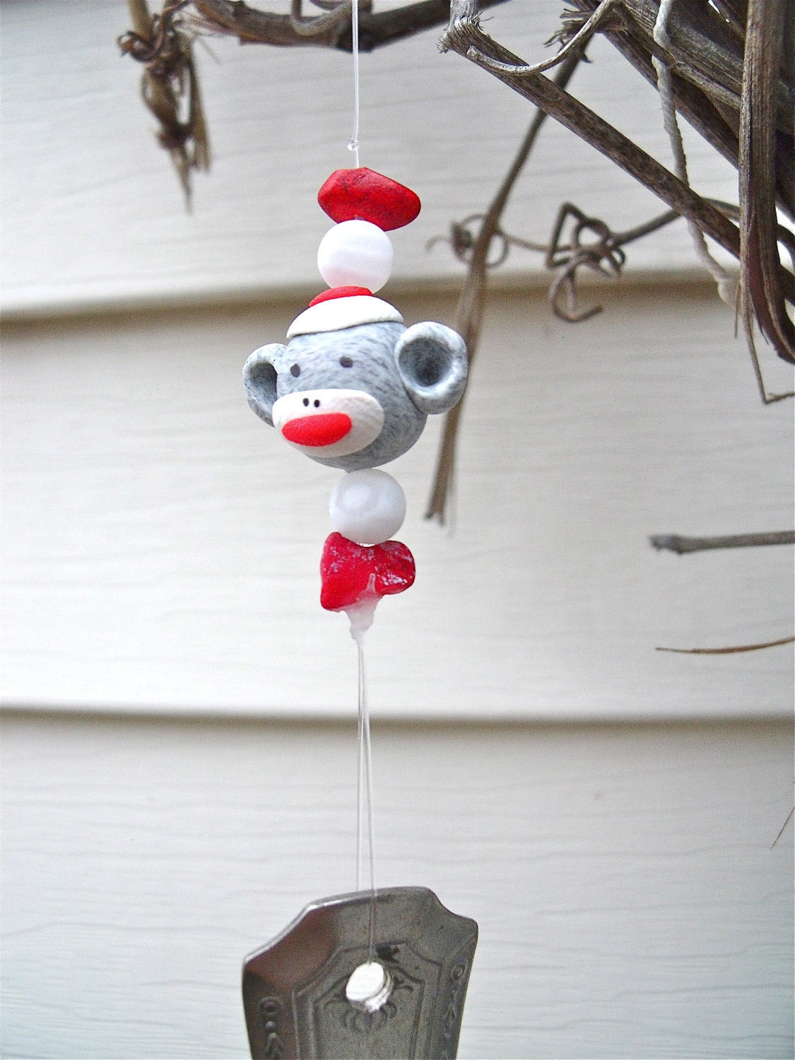 SocK MonKeY, "LeT's MONKEY Around," WINDCHIMES Wind Chimes  made with REcYcLeD anTiQue SILVERWARE with PoLymer Clay Sock Monkey  beads