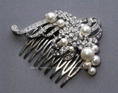 Vintage Inspired Ivory Pearls  Bridal Silver Rhinestone comb