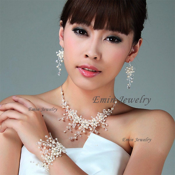 Pearl Wedding Jewelry Set, Bridal Jewellery Sets, Ivory Swarovski Silver Crystal Necklace Bracelet Earrings Wedding Jewelry sets for Brides