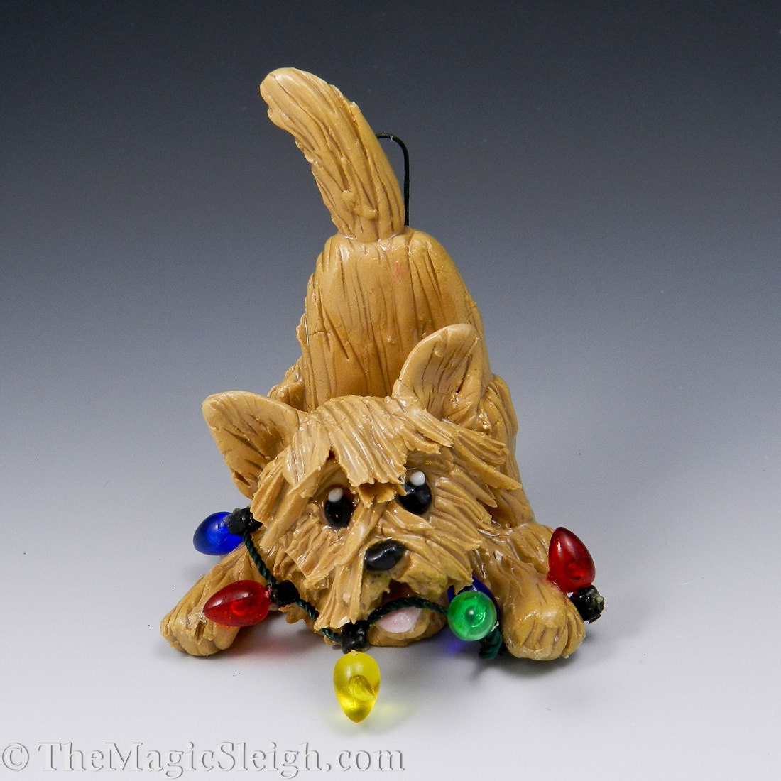 Cairn Terrier Ornament Wheaten with Christmas lights Porcelain Original Sculpture
