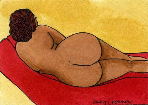 Nude bbw curvey back on red lounge chair 5x7 print