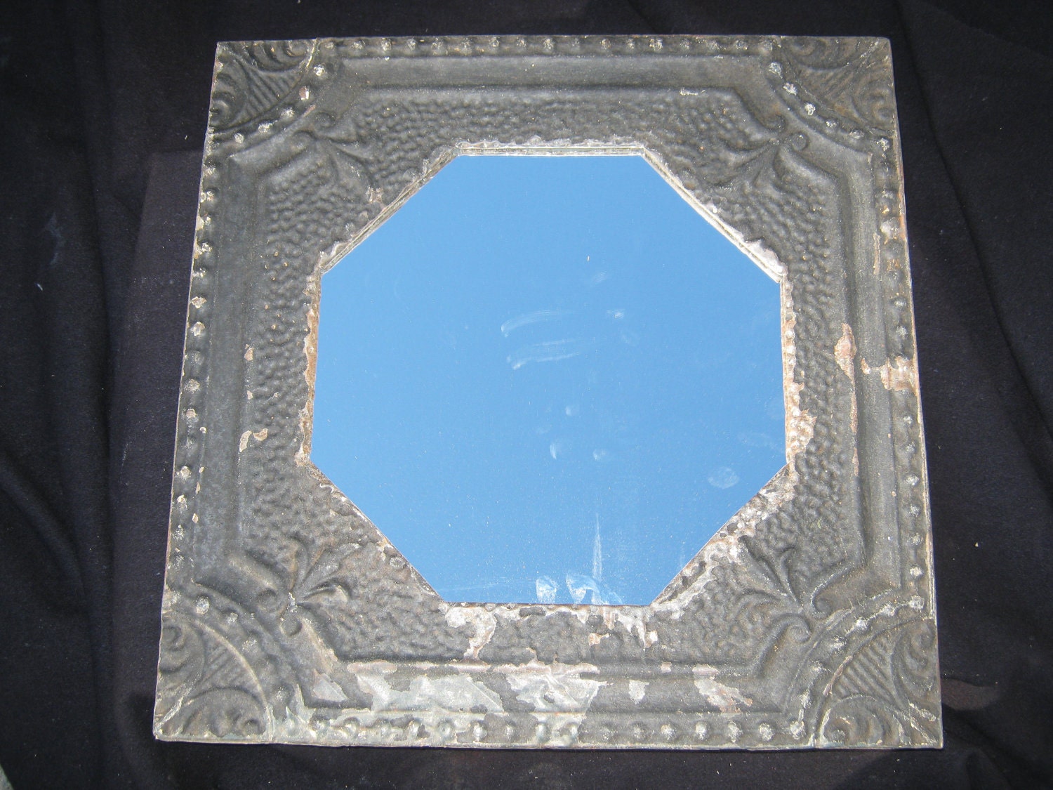 TIN CEILING Metal Mirror 22.5"x22.5" Square  Black  Octagon Shabby Recycled CHIC S 492
