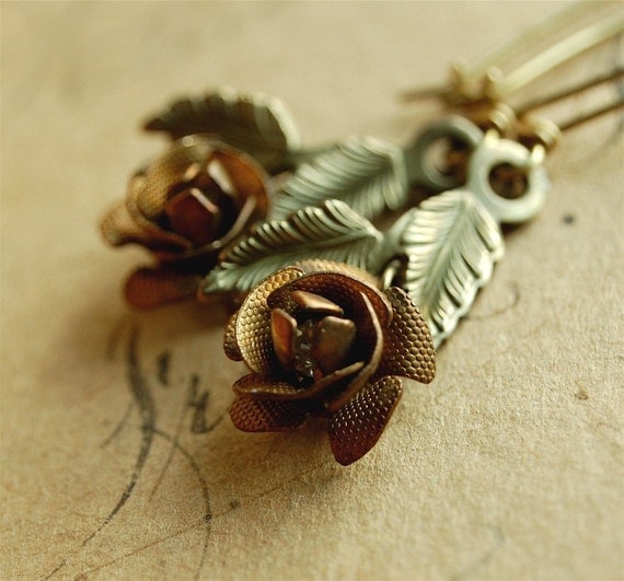 cherie - vintage brass leaf and rose earrings