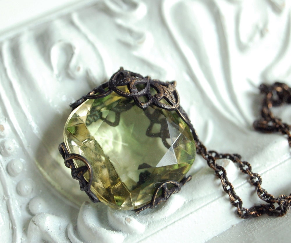 the heirloom (lemon ice) - ornate vintage glass hand aged brass filigree wrapped pendant necklace