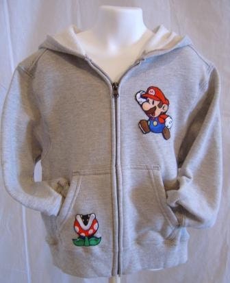 Mario w/ Piranha Plant Grey Hooded Sweatshirt Jacket Children Large
