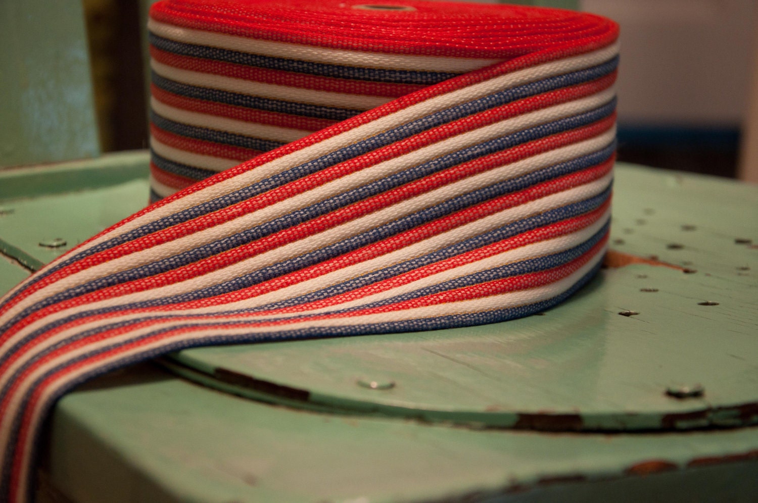 3 yards Fun Big Ribbed Striped - Vintage Trim Embroidered 70s Woven NOS Red White Blue