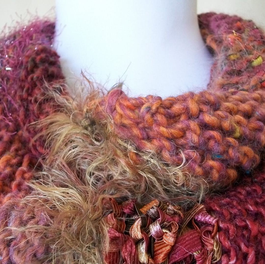 Hand Knit Scarf Wrap in Orange, Brick and Brown - Sunset