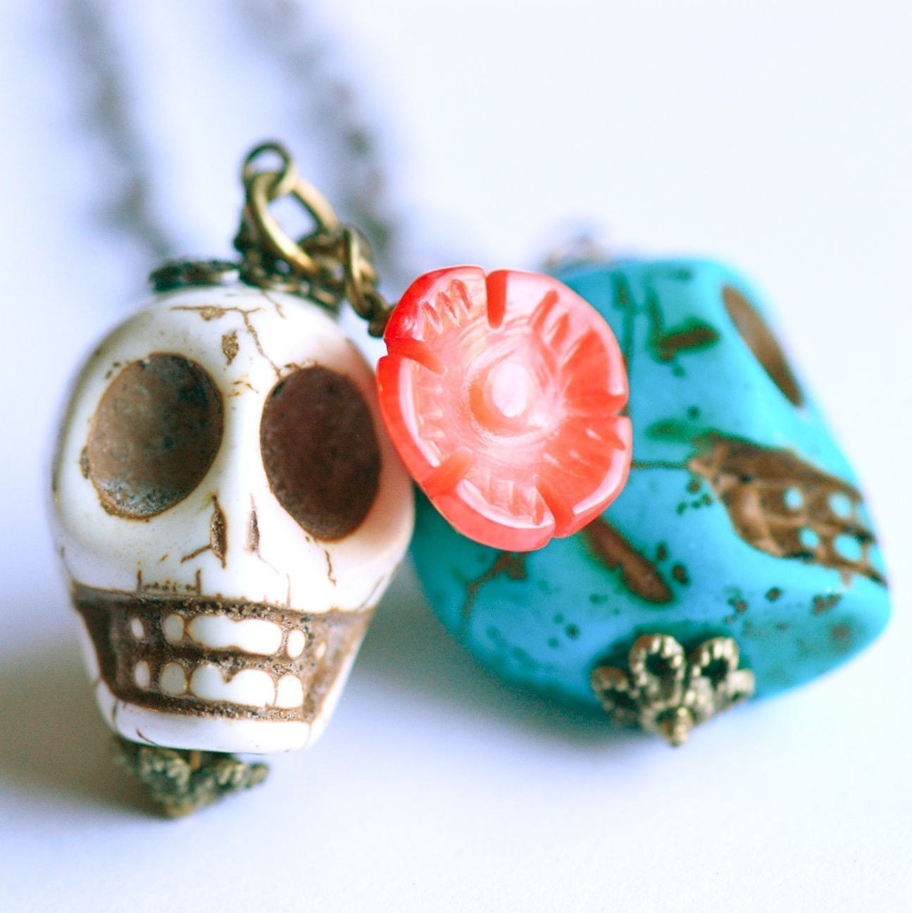 Till Death Do Us Part Necklace - Ivory Turquoise Howlite Skull Beads  -  Brass Chains