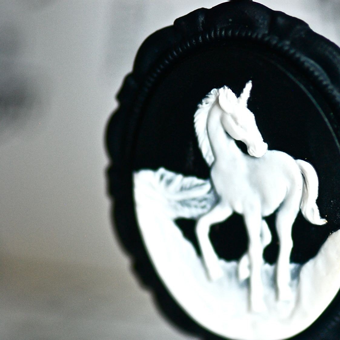 The Unicorn Necklace - WHITE BLACK Victorian Cameo