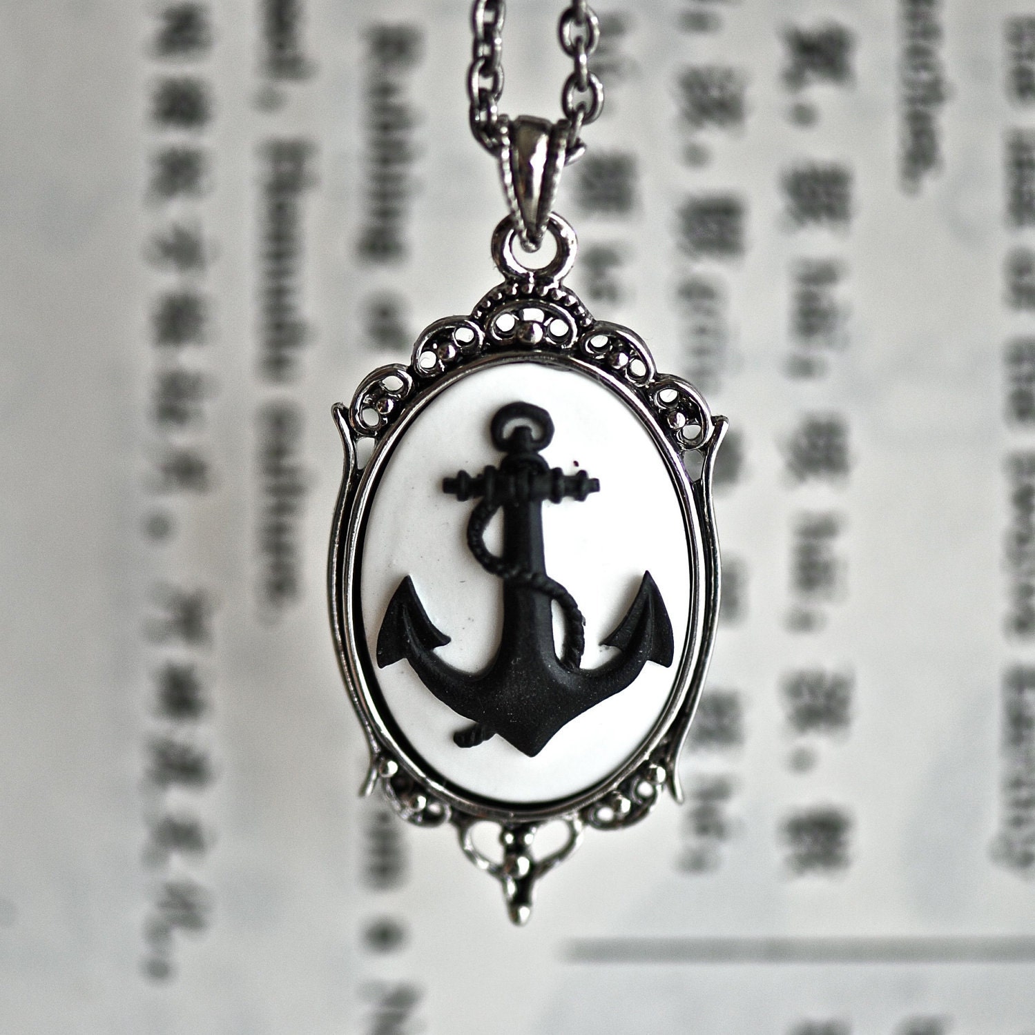 Pirate's Anchor Necklace - Gothic Black White Nautical Cameo - 25x18mm
