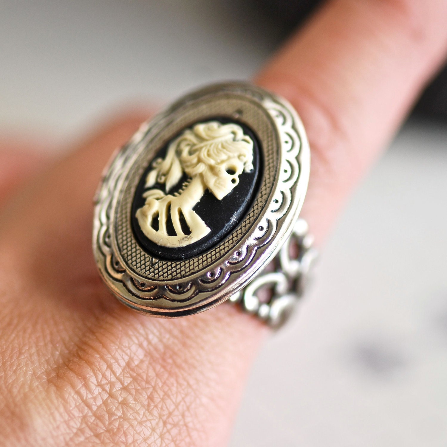 NEW - Miss Skeleton Locket Filigree Ring - SOLDERED - Ivory Black Lady Skull Zombie Gothic Cameo