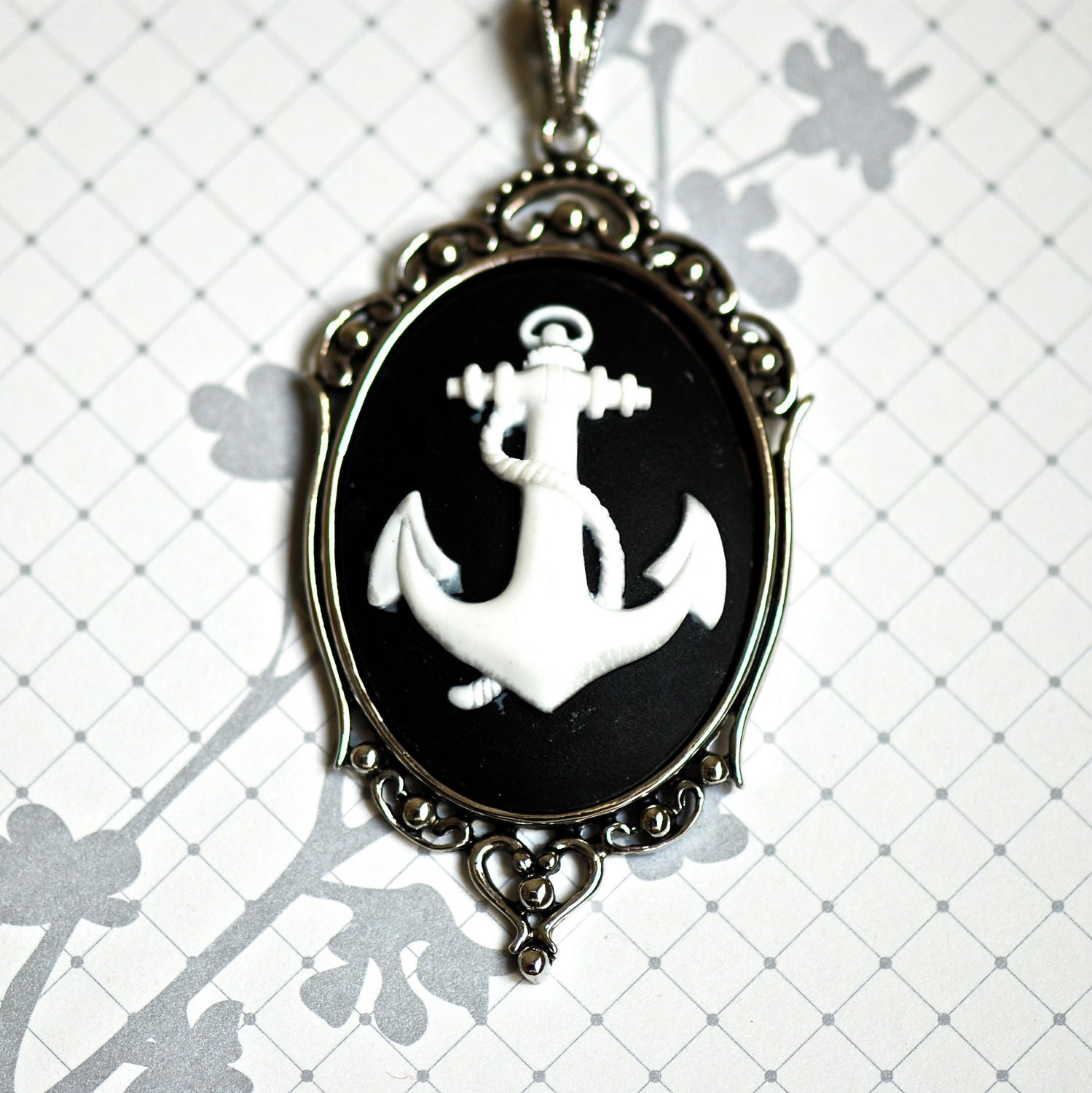 Pirate's Anchor Necklace - Gothic Black White Nautical Cameo - 40x30mm