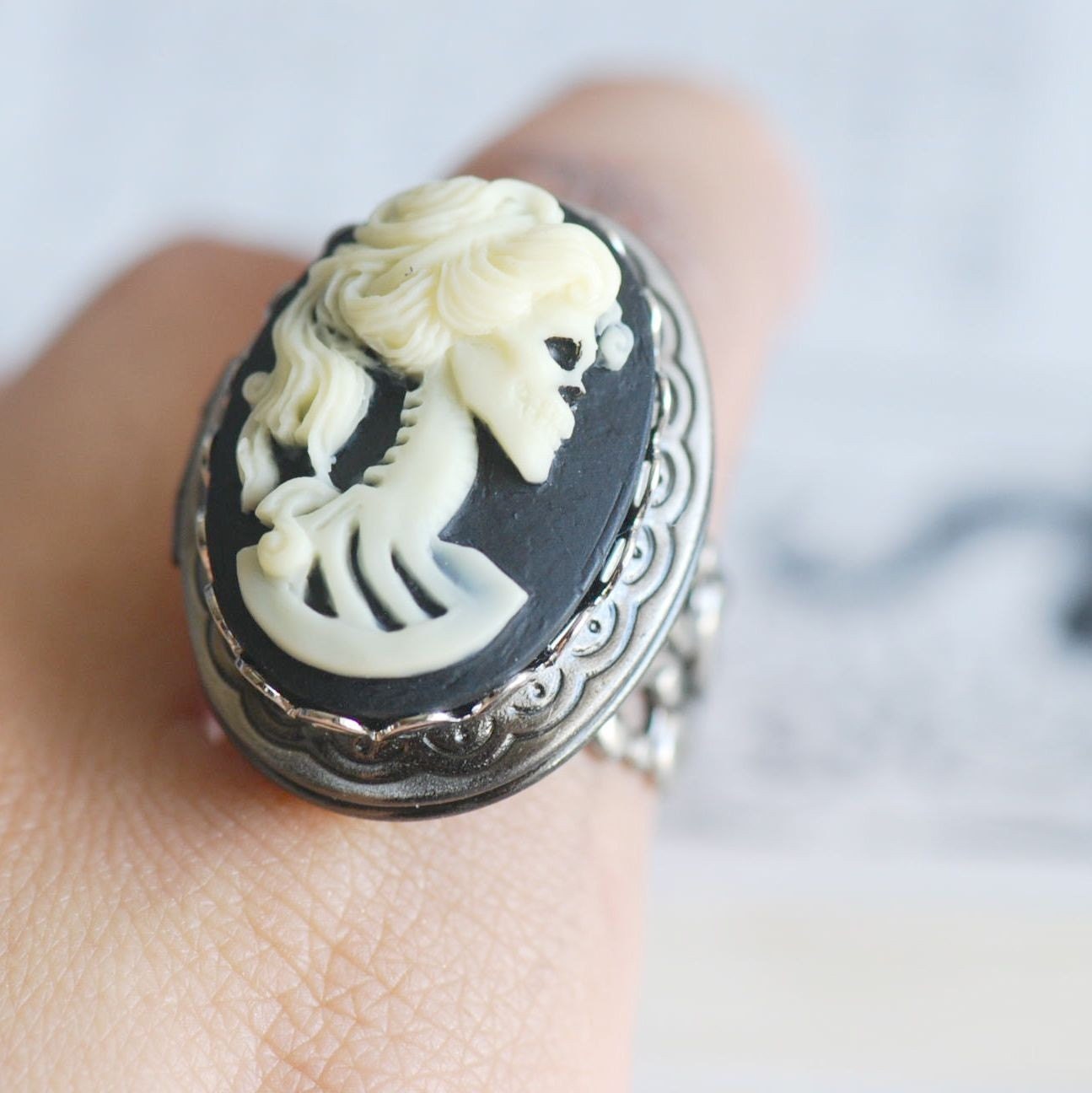 Miss Skeleton - Soldered Riveted Filigree Locket Ring - Antique Silver - Made in USA findings