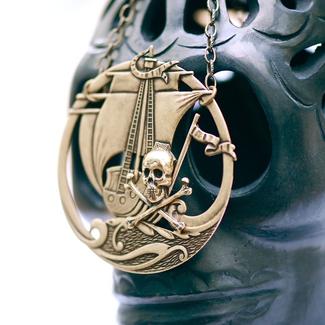 Black Pearl Necklace - Skull Crossbones Pirate Made in USA brass stampings