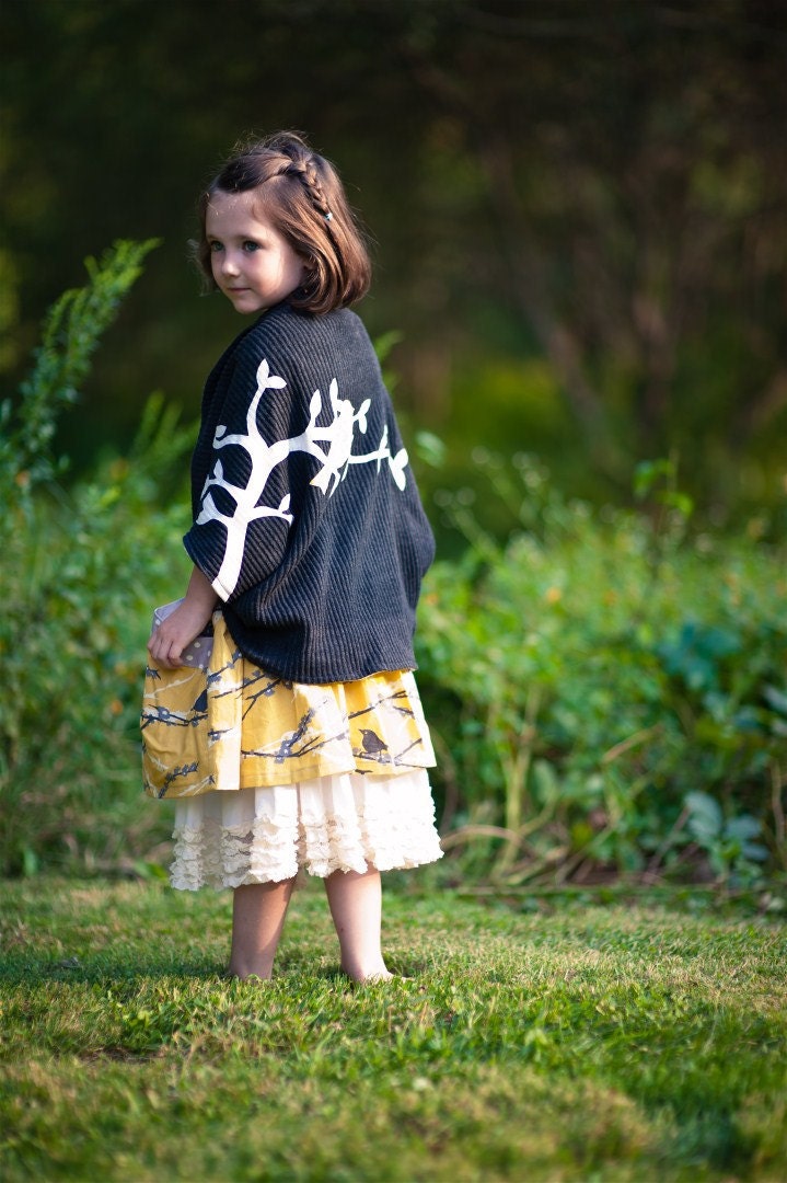 Girls Charcoal Grey Bird and Branch Cardigan Wrap... Sizes 2T through 12