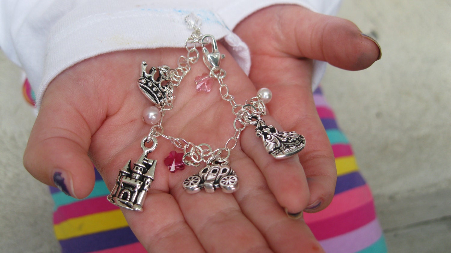Fairy Tale Cinderella Charm Bracelet- princess, crown, castle, carriage, swarovski crystal, freshwater pearls