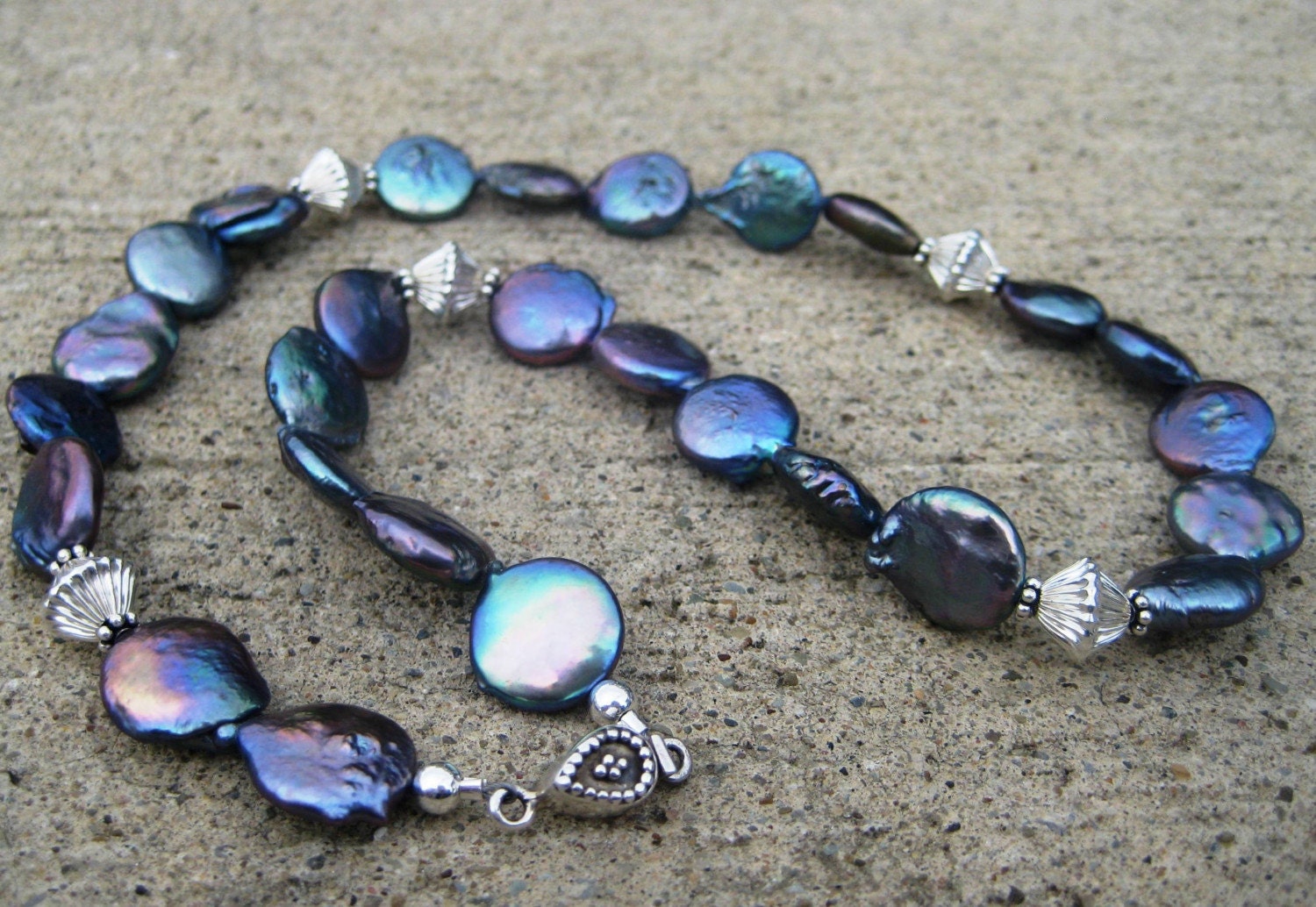 Stunning Peacock Coin Pearl and Sterling Silver Necklace- Wedding, Prom, Unique Necklace