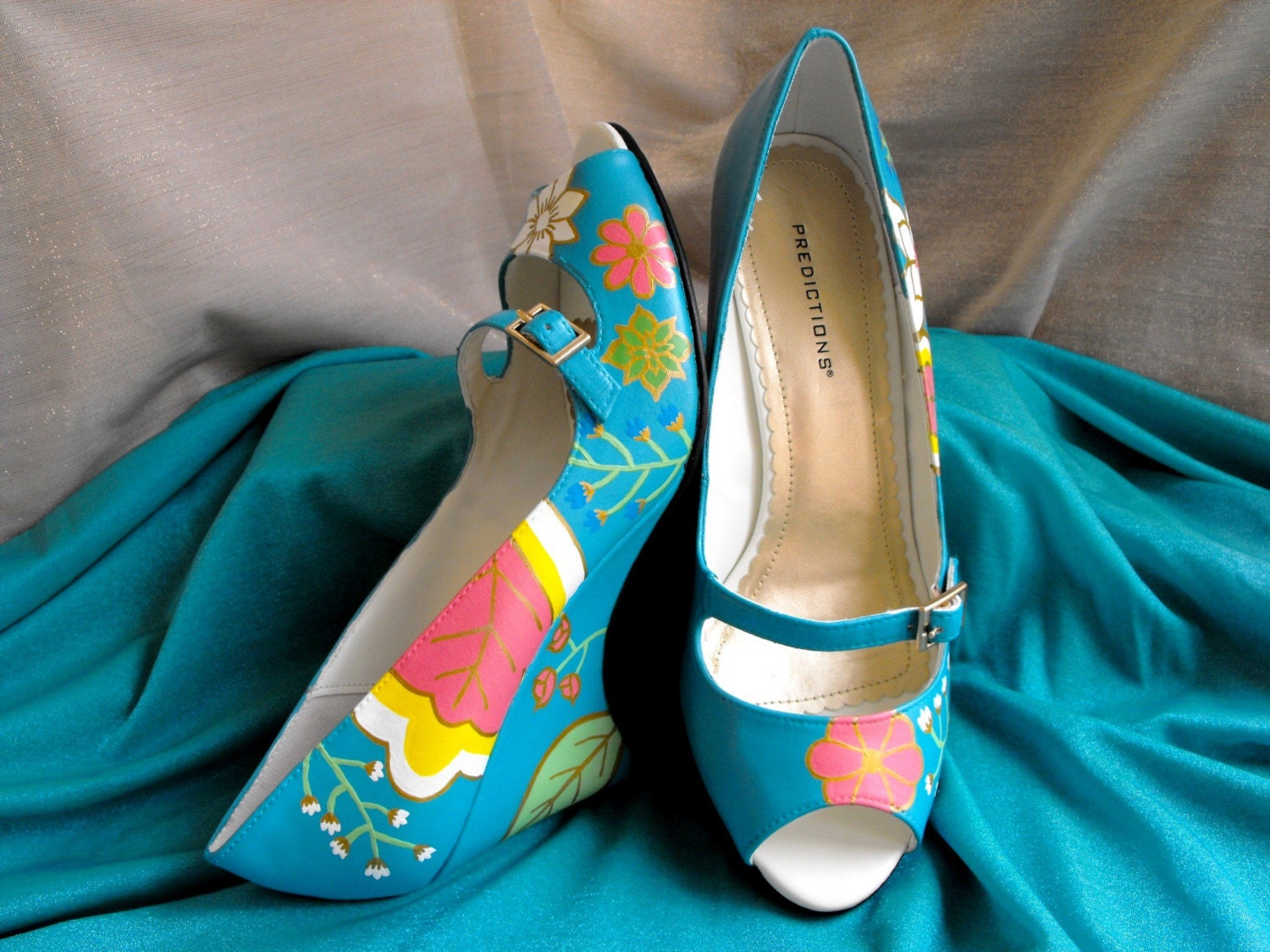 Custom Hand Painted 'Bright Autumn' Leather Peep-Toe Mary Jane Heels - OOAK