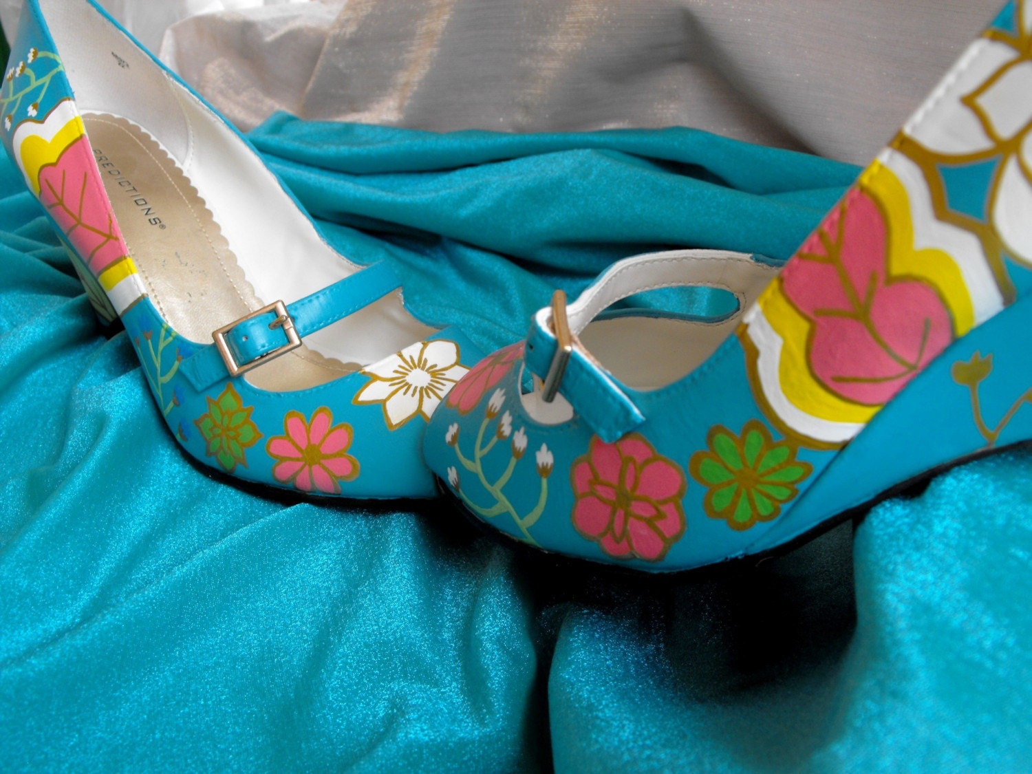 Custom Hand Painted 'Bright Autumn' Leather Peep-Toe Mary Jane Heels - OOAK