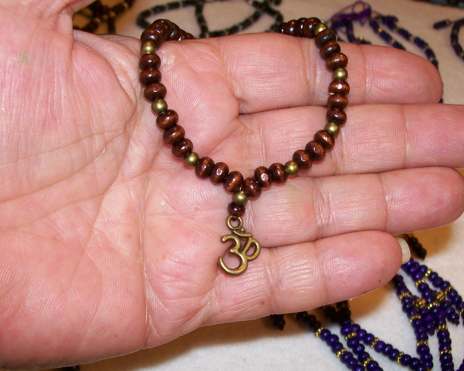 1 Om Adjustable And 2 Elastic Wood Bracelet Stackers Mix and Match