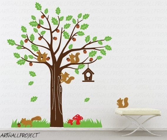 Wall Art Vinyl Decal Sticker Home Kids - Tree series - O leaves, Squirrels, Acorns, Birdhouse, Grass, Mushrooms