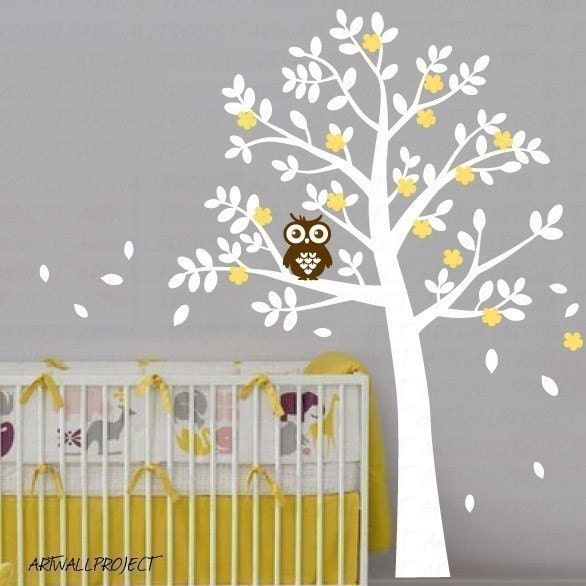 Wall Art Vinyl Removable Decal Nursery Sticker - Rounded Leaf Tree with Owl