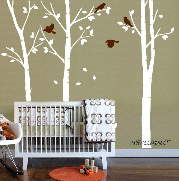 THREE trees LEAFY Birch Tree 101 inches with birds - Tree wall decal, home decor, Tree and birds wall decal