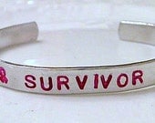 Stamped Survivor Breast Cancer in Pink Custom Thin Silver Metal Cuff Bracelet