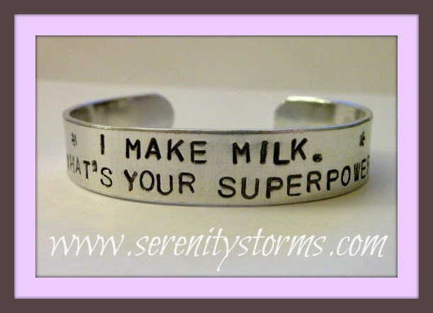 Stamped Cuff Breastfeeding Clothdiapering Babywearing Superpower Custom Silver Metal Bracelet