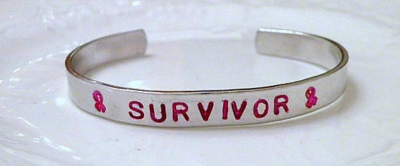 Stamped Survivor Breast Cancer in Pink Custom Thin Silver Metal Cuff Bracelet