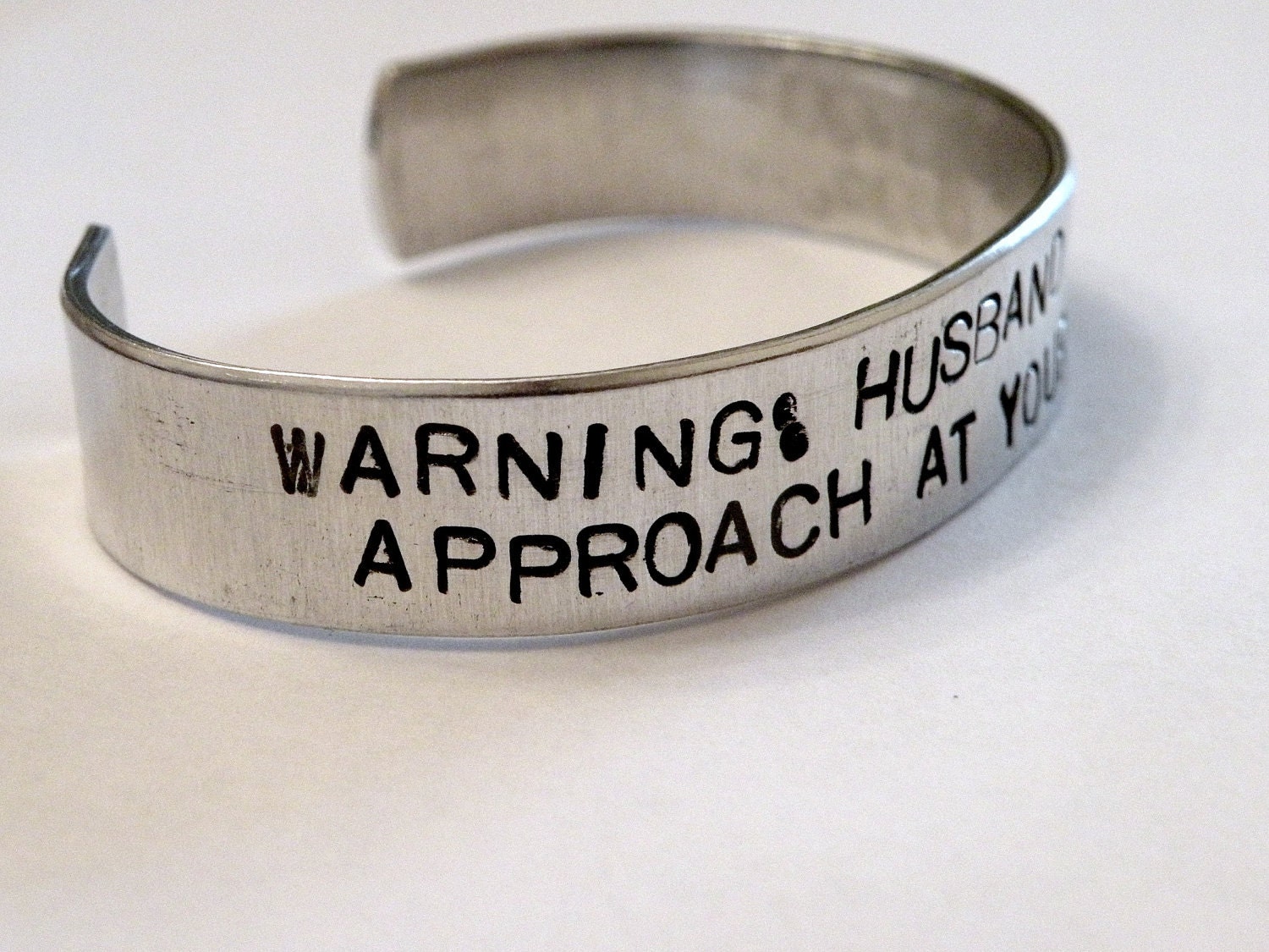 Stamped Warning Military Wife Deployed Husband Custom Silver Metal Cuff Bracelet