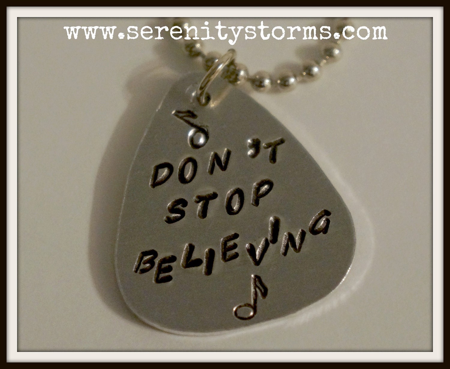 Don't Stop Believing Guitar Pick Hand Stamped Pendant Custom Metal Pendant