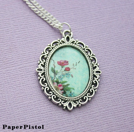 Blue Flowers Pendant Necklace in Fancy Silver Tone Bezel